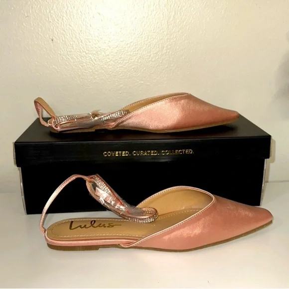 NIB Lulu’s Valetta Champagne Pink Satin Rhinestone Ankle Strap Flats 7 - Picture 10 of 12